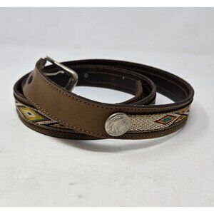 Vintage 46" Brown Leather Belt With Woven Southwestern Pattern & Silver Coin